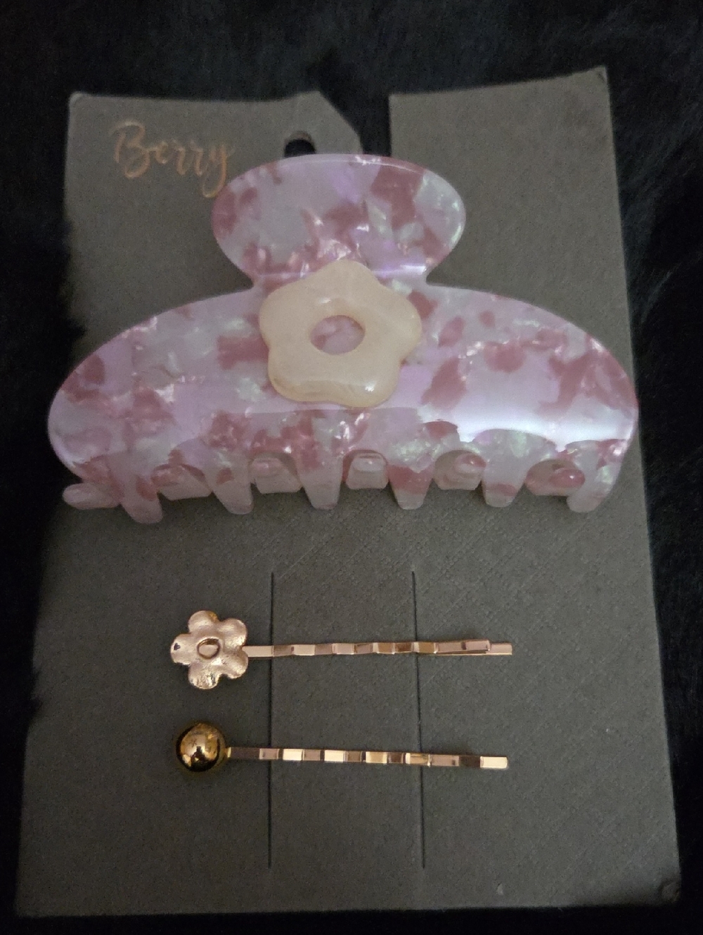 Pink Marbled Flower Hair Claw with Gold Accent Bobby Pins NWOT